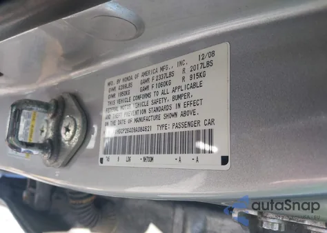 2009 Honda Accord 2.4 Lx-P from USA, damaged, VIN 1HGCP26409A084621